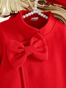 SHEIN Elladie kids 女童秋冬羊毛帽長袖蝴蝶結大衣休閒外套，適合聖誕裝扮、日常戶外、學校與派對穿著 - 紅色 - 查看 3