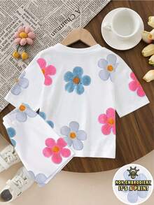 SHEIN 女童休闲时尚舒适简约花卉印花 T 恤和短裤套装，春夏 - 彩色 - 查看 2