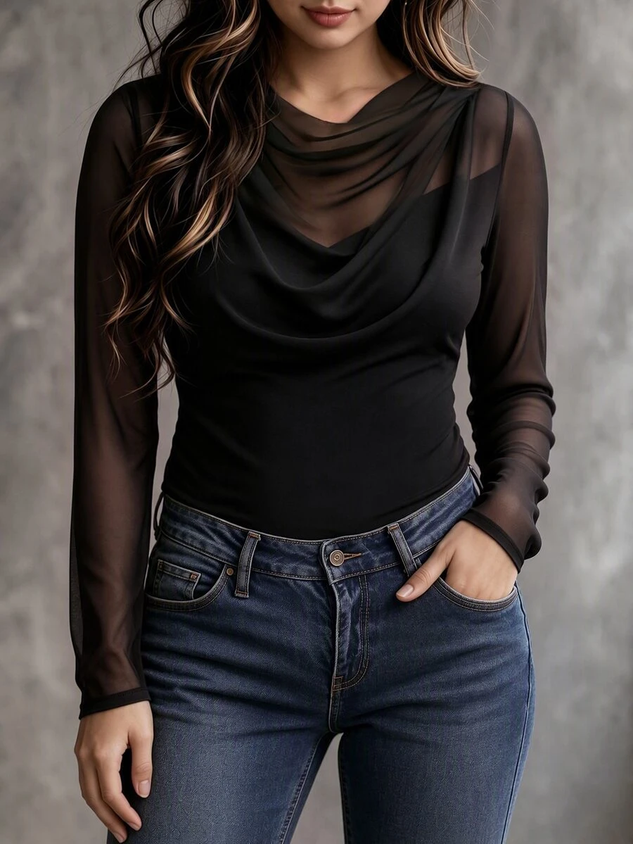 Velvienne Plus Size Women's Spring/Autumn Minimalist Solid Color Semi-Sheer Fitted Cowl Neck T-Shirt, Suitable For Daily Wear Fall - Black - View 1