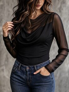 Velvienne Plus Size Women's Spring/Autumn Minimalist Solid Color Semi-Sheer Fitted Cowl Neck T-Shirt, Suitable For Daily Wear Fall - Black - View 3