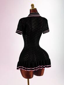 Sweetina Women's Knit Sexy Avant-Garde Back To School Style Collared Lace Hem Short Sleeve Dress - Black - View 2