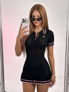 Sweetina Women's Knit Sexy Avant-Garde Back To School Style Collared Lace Hem Short Sleeve Dress - Black - View 1