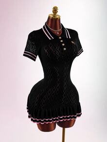 Sweetina Women's Knit Sexy Avant-Garde Back To School Style Collared Lace Hem Short Sleeve Dress - Black - View 8