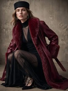 Anewsta Burgundy Shiny Leather Fitted Long Coat With Detachable Fur Collar, Fashion New Style For Autumn/Winter - Burgundy - View 4