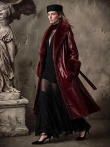 Anewsta Burgundy Shiny Leather Fitted Long Coat With Detachable Fur Collar, Fashion New Style For Autumn/Winter - Burgundy - View 6