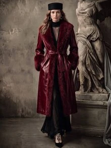 Anewsta Burgundy Shiny Leather Fitted Long Coat With Detachable Fur Collar, Fashion New Style For Autumn/Winter - Burgundy - View 3