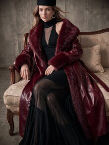 Anewsta Burgundy Shiny Leather Fitted Long Coat With Detachable Fur Collar, Fashion New Style For Autumn/Winter - Burgundy - View 1
