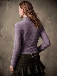 Anewsta Sexy & Elegant Purple 3D Floral Lace Turtleneck Romantic Women's Base Layer T-Shirt - Purple - View 2