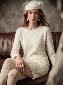 Anewsta Conjunto de suéter tejido con textura de perla blanco y minifalda - Albaricoque - Ver 1