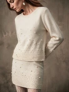 Anewsta Conjunto de suéter tejido con textura de perla blanco y minifalda - Albaricoque - Ver 5