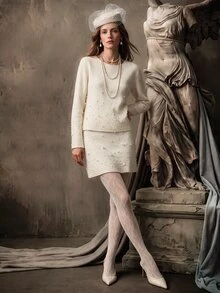 Anewsta Conjunto de suéter tejido con textura de perla blanco y minifalda - Albaricoque - Ver 2