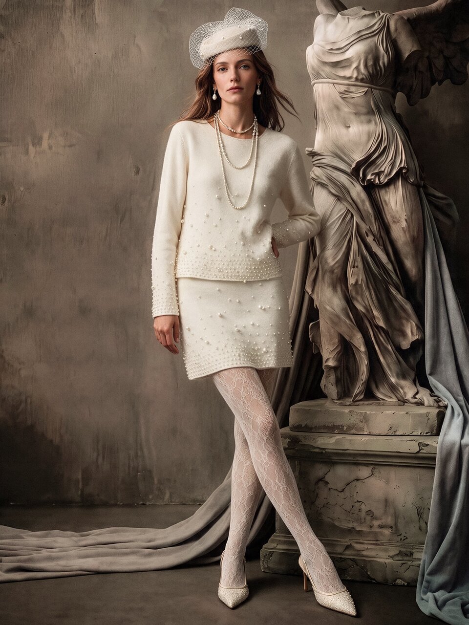 Anewsta White Textured Pearl Knit Sweater Top And Mini Skirt Set