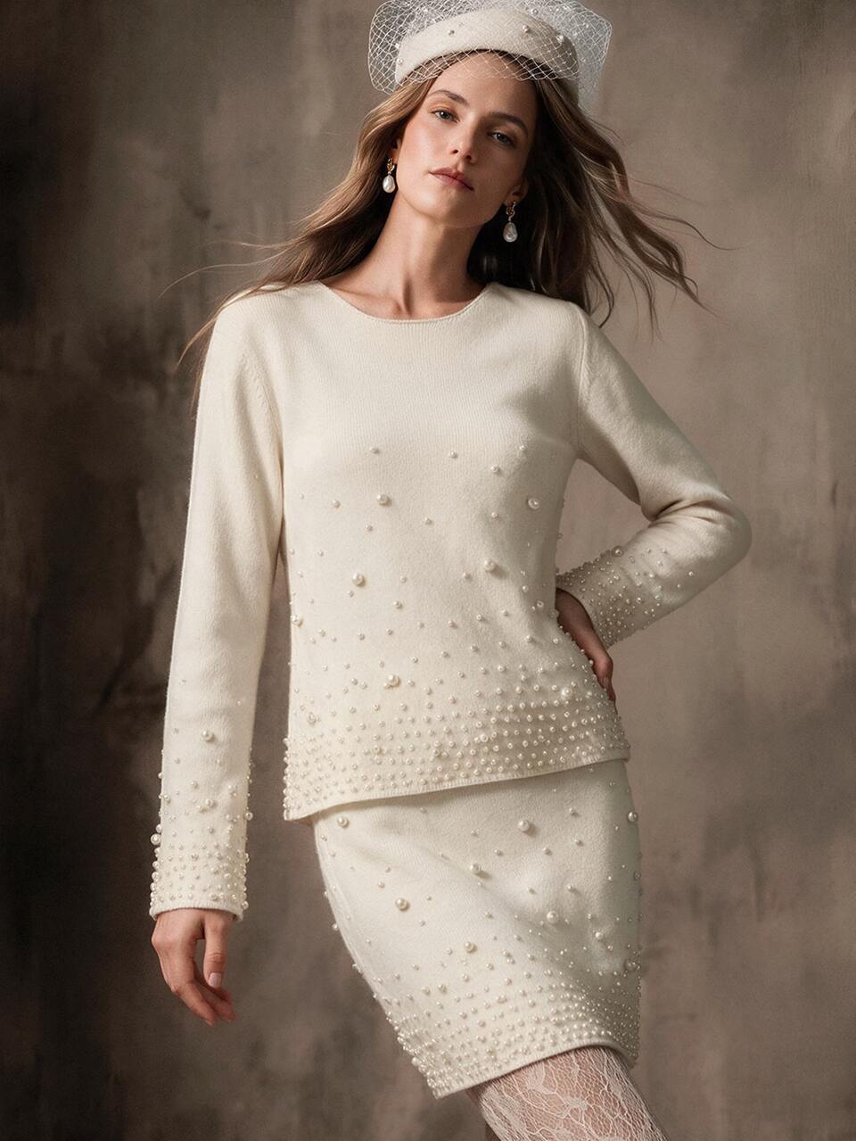 Anewsta White Textured Pearl Knit Sweater Top And Mini Skirt Set