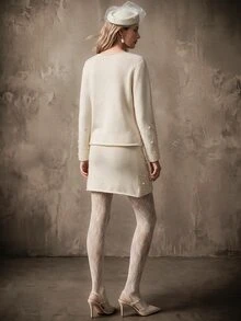 Anewsta Conjunto de suéter tejido con textura de perla blanco y minifalda - Albaricoque - Ver 4