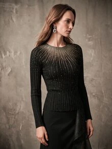 Anewsta Women's Crew Neck Long Sleeve Ribbed Rhinestone Decor Elegant Knit Sweater, Suitable For Fall, Winter, New Year, Chic, Stylish, Christmas, - Black - View 5