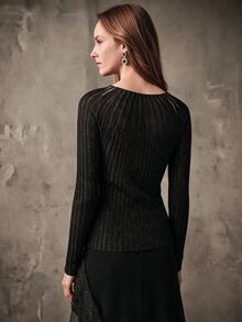 Anewsta Women's Crew Neck Long Sleeve Ribbed Rhinestone Decor Elegant Knit Sweater, Suitable For Fall, Winter, New Year, Chic, Stylish, Christmas, - Black - View 2