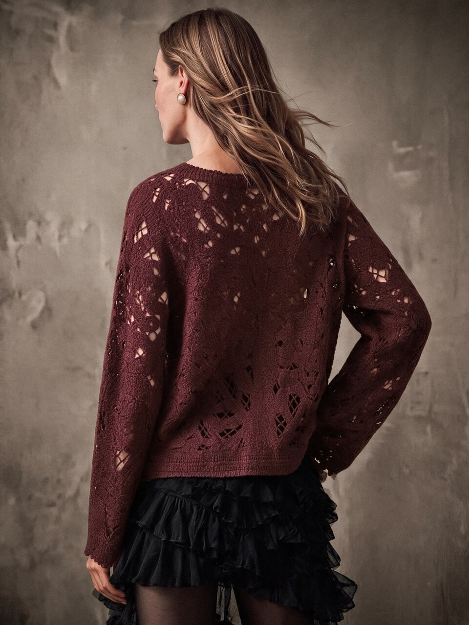 Anewsta Crochet Casual Hollow Out Round Neck Long Sleeve