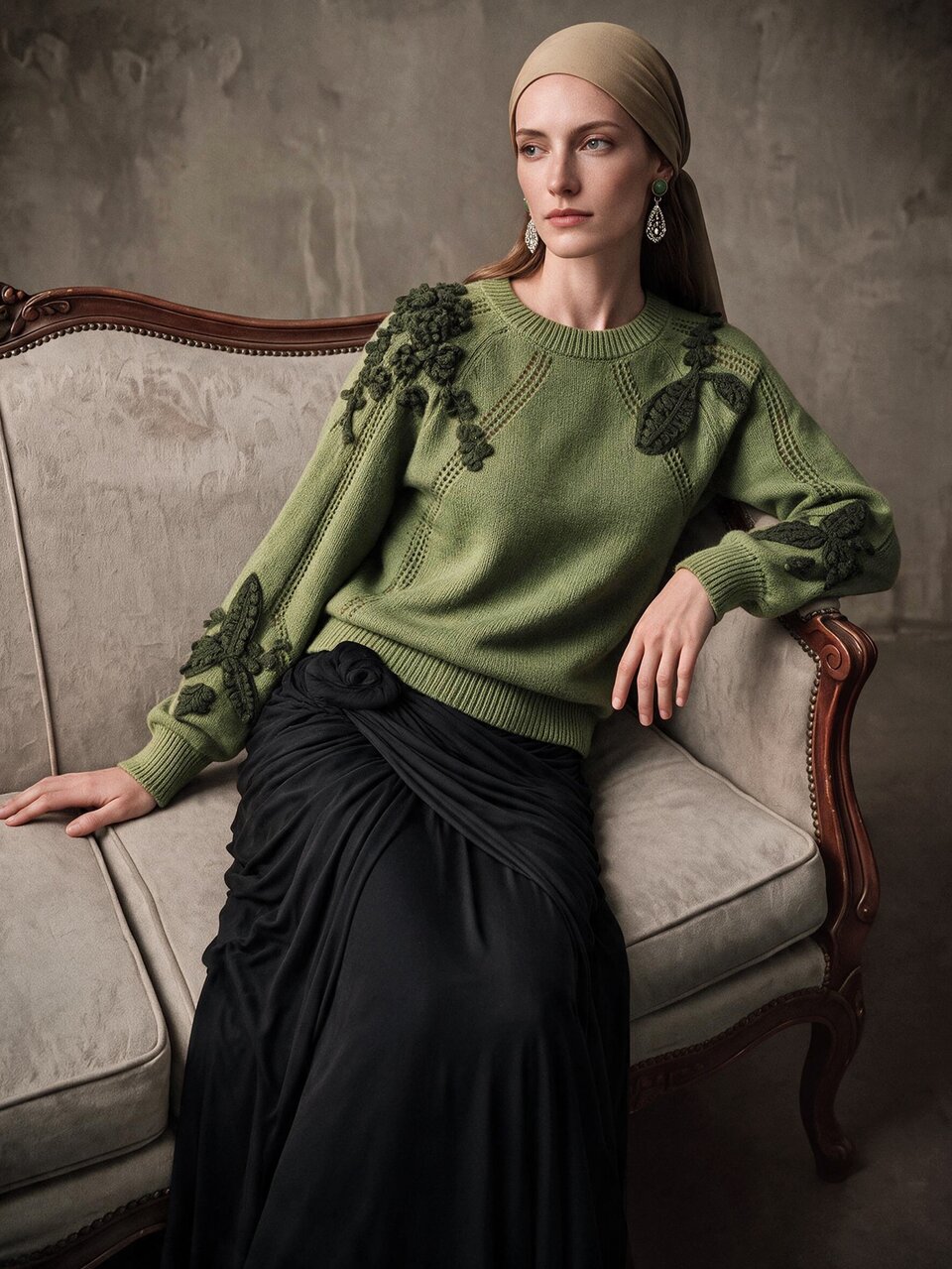 Anewsta Elegant Womens Khaki Green Knitted Jumper With Textured Leaf And Flower Embellishments Long Sleeve Casual Pullover