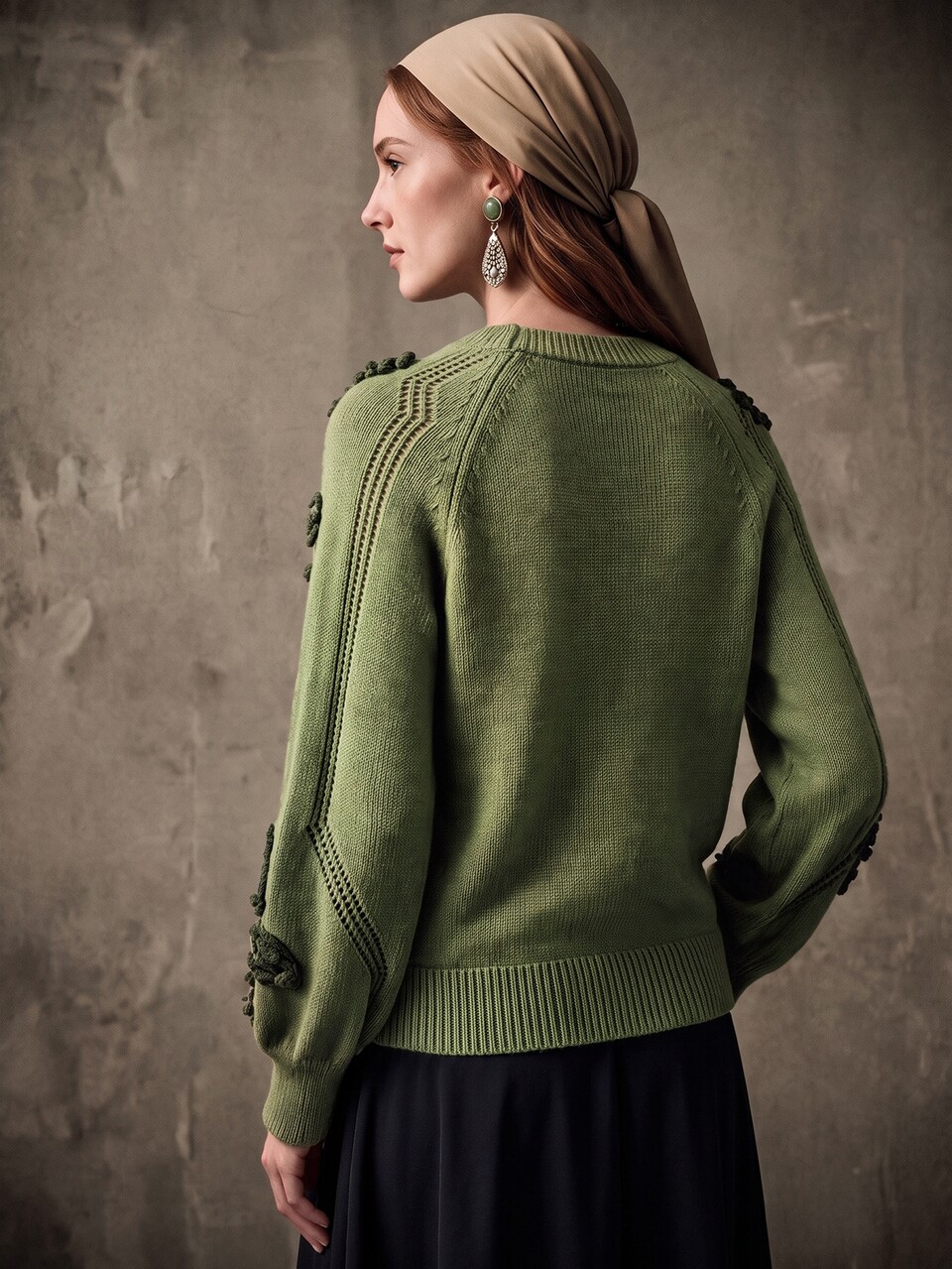 Anewsta Elegant Womens Khaki Green Knitted Jumper With Textured Leaf And Flower Embellishments Long Sleeve Casual Pullover