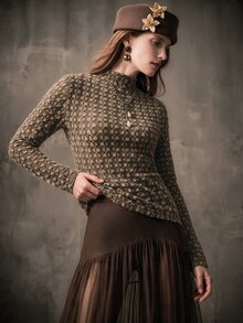 Anewsta 优雅植绒蕾丝高领打底衫，女士高品质秋冬叠穿上衣 - 咖啡棕 - 查看 6