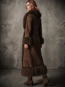 Anewsta Women's Elegant Fitted Faux Fur Teddy Fleece Patchwork Long Faux Fur Coat, Winter Night Out Dark Brown - Brown - View 3