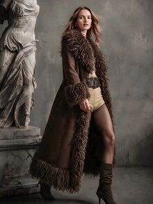 Anewsta Women's Elegant Fitted Faux Fur Teddy Fleece Patchwork Long Faux Fur Coat, Winter Night Out Dark Brown - Brown - View 1