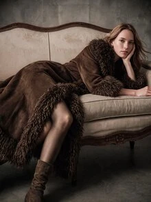 Anewsta Women's Elegant Fitted Faux Fur Teddy Fleece Patchwork Long Faux Fur Coat, Winter Night Out Dark Brown - Brown - View 2