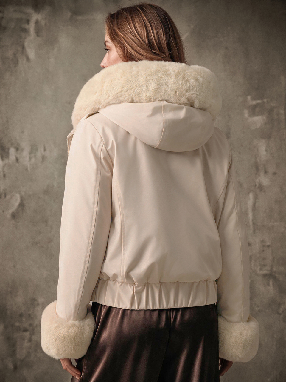 Anewsta Women's Thick Fluffy Collar Large Pocket Drawstring Hem Padded Coat,Off-White,Winter,Elegant,Date,Chic Formal Christmas New Year Outwear
