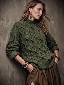 Anewsta 女士优雅宽松超大款3D立体花卉高领毛衣，绿色，舒适百搭，适合圣诞节、感恩节及秋冬季穿着。 - 軍綠色 - 查看 2