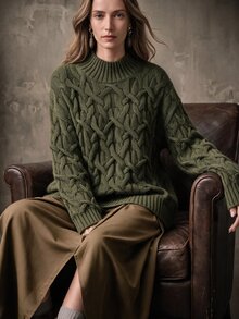 Anewsta 女士优雅宽松超大款3D立体花卉高领毛衣，绿色，舒适百搭，适合圣诞节、感恩节及秋冬季穿着。 - 軍綠色 - 查看 4