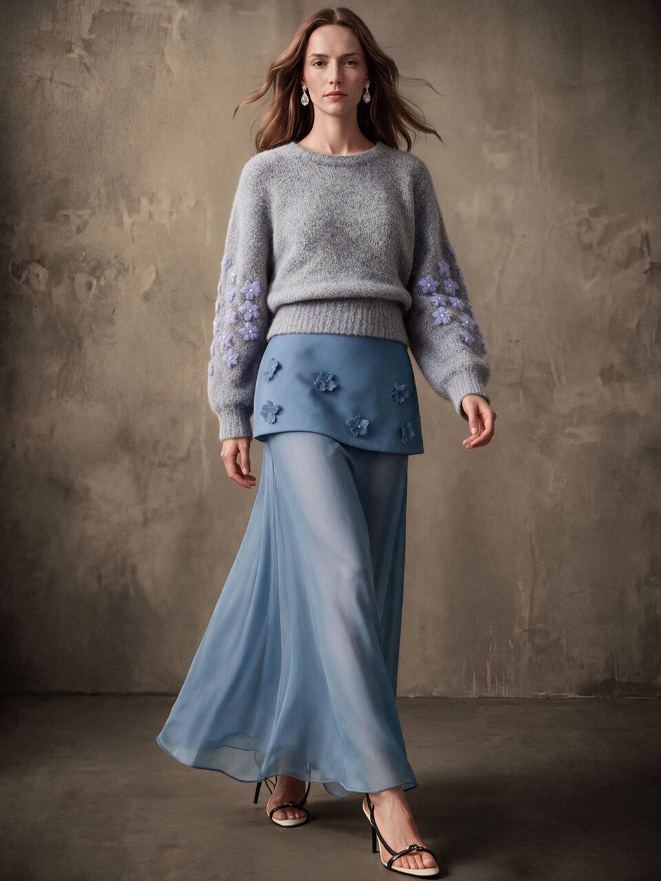 Anewsta Embroidered Fuzzy Knit Applique Crew Neck Long Sleeve Sweater