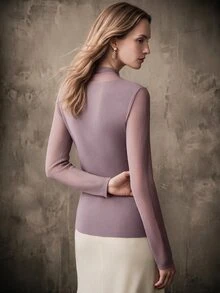 Anewsta Elegant V-Neck Solid Color Knitted Slim Fit Stand Collar Sweater For Women, Autumn/Winter - Mauve Purple - View 5