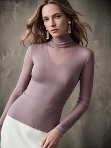 Anewsta Elegant V-Neck Solid Color Knitted Slim Fit Stand Collar Sweater For Women, Autumn/Winter - Mauve Purple - View 6