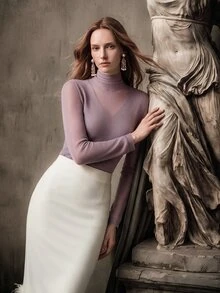 Anewsta Elegant V-Neck Solid Color Knitted Slim Fit Stand Collar Sweater For Women, Autumn/Winter - Mauve Purple - View 3