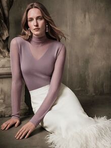Anewsta Elegant V-Neck Solid Color Knitted Slim Fit Stand Collar Sweater For Women, Autumn/Winter - Mauve Purple - View 2