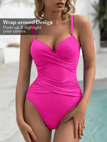 SHEIN Swim 夏季海灘女士純色前交叉性感一件泳衣，背部採用魔鬼氈帶設計適合泳池或度假 - 玫紅色 - 查看 4