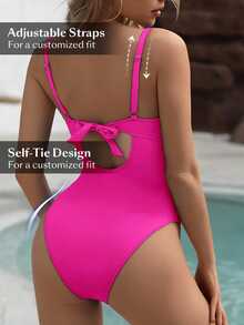 SHEIN Swim 夏季海灘女士純色前交叉性感一件泳衣，背部採用魔鬼氈帶設計適合泳池或度假 - 玫紅色 - 查看 3