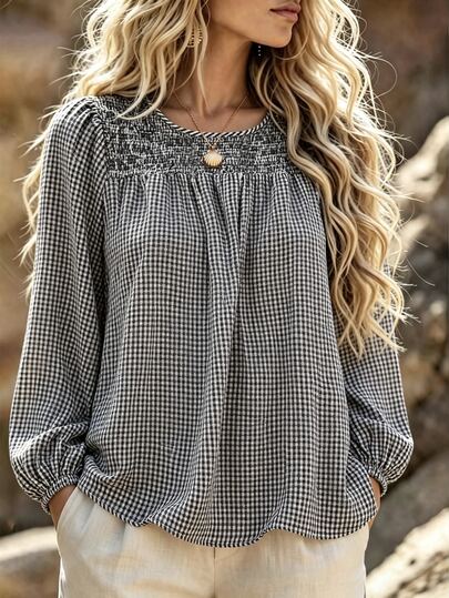 Linhara Plus Size Women's Woven Regular Fit Autumn/Winter Vintage Literary Casual Slouchy Black & White Fine Check Ruched Round Neck Long Petal Sleeve Loose Versatile Blouse