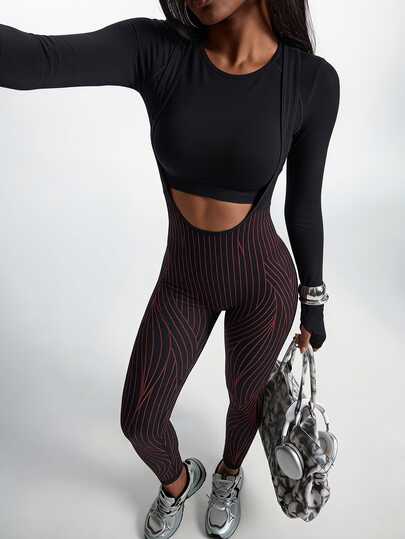 Innovista Women's Seamless Long Sleeve Striped Sports Set Gym Workout Set Pilates Yoga Set Sportswear Activewear Push Up Booty Lift Squat Proof Tummy Control