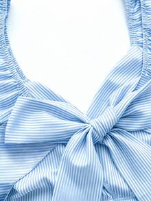 SHEIN Franclia 女士V领荷叶袖褶皱腰部露背系带波点印花连衣裙，春夏休闲度假连衣裙 - 藍白色 - 查看 4