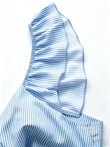 SHEIN Franclia 女士V领荷叶袖褶皱腰部露背系带波点印花连衣裙，春夏休闲度假连衣裙 - 藍白色 - 查看 3