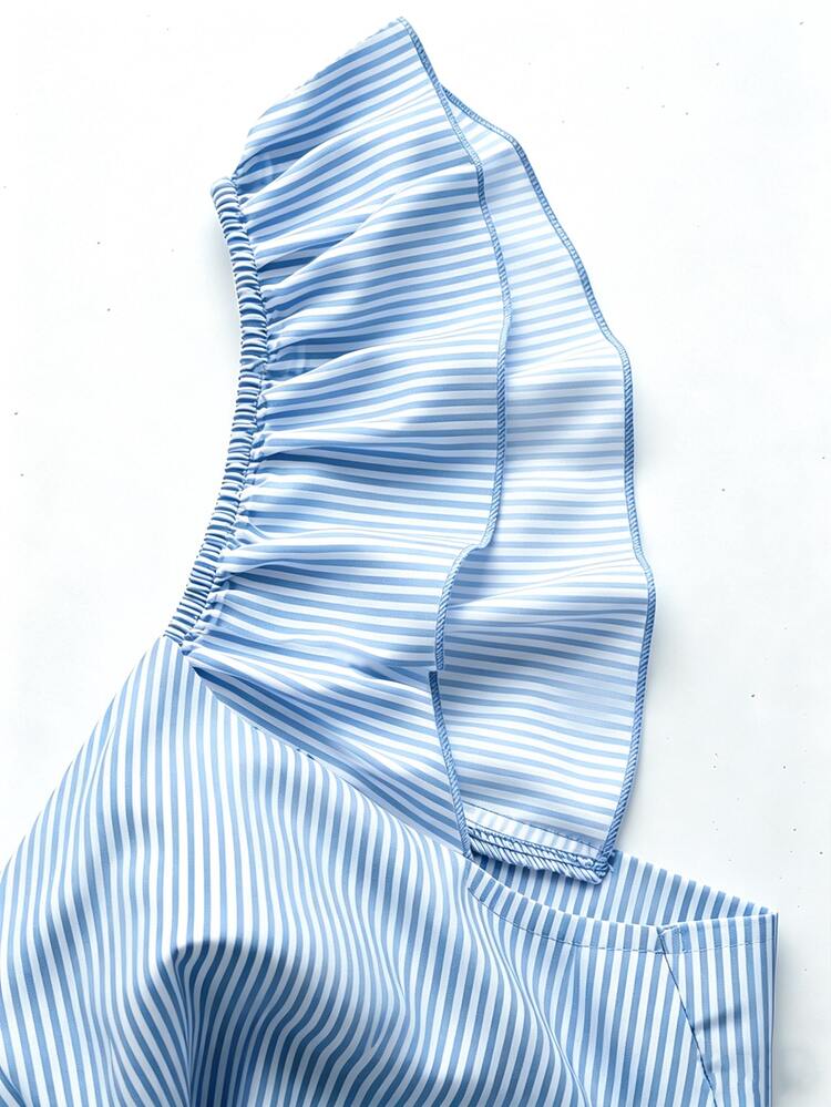 SHEIN Franclia 女士V领荷叶袖褶皱腰部露背系带波点印花连衣裙，春夏休闲度假连衣裙 - 藍白色 - 查看 3