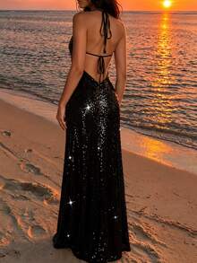SHEIN Women's Exquisite Metal Flower Decor Sequin Slit Sexy Dress - Black - View 2