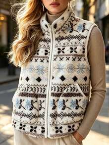 Trelyra Women's Winter Comfortable Jacquard Pocket Zipper Vest Jacket - Multicolor - View 3