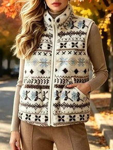 Trelyra Women's Winter Comfortable Jacquard Pocket Zipper Vest Jacket - Multicolor - View 1