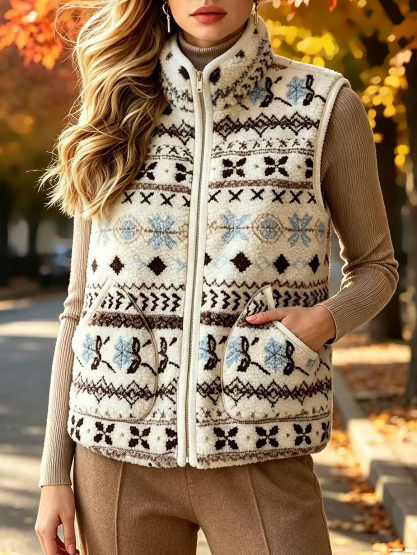 Trelyra Women's Winter Comfortable Jacquard Pocket Zipper Vest Jacket - Multicolor - View 1