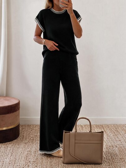 Sprig & Strand Contrast Trim Batwing Sleeve Sweater & Knit Pants Women's Winter Set Outfits Elegant Women's Set Casual Sets Black White 2 Piece Sweater Sets Formal