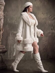Anewsta Plus Size Solid Color Thick Fluffy Trim Fluffy Fuzzy Cinched Waist Jacket, For Winter Fall Autumn - White - View 3