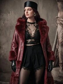 Anewsta Plus Size Women Thickened Fluffy Trimmed Fluffy Furry Plus Size Jacket Winter Fall Autumn - Burgundy - View 3