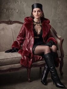 Anewsta Plus Size Women Thickened Fluffy Trimmed Fluffy Furry Plus Size Jacket Winter Fall Autumn - Burgundy - View 4